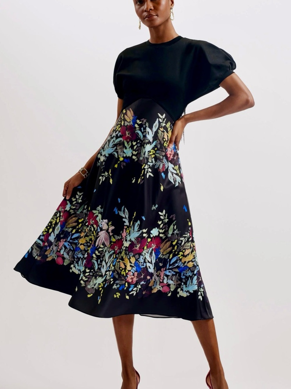 Ted Baker London Black Midi Skirt with Multicolor Floral Border